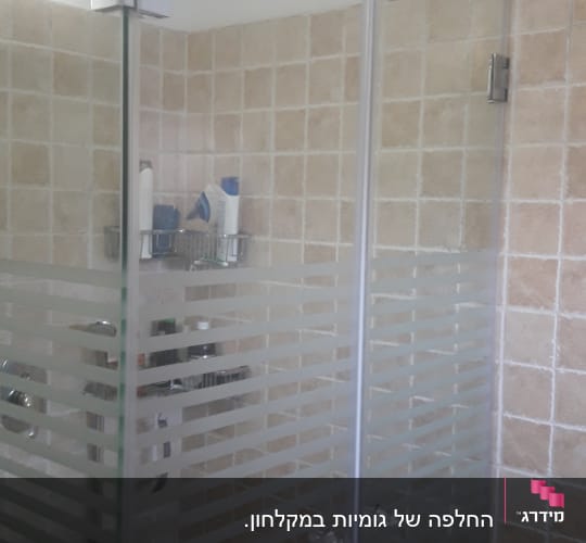 מקלחון זכוכית עם מדף מוצרים וסבונים